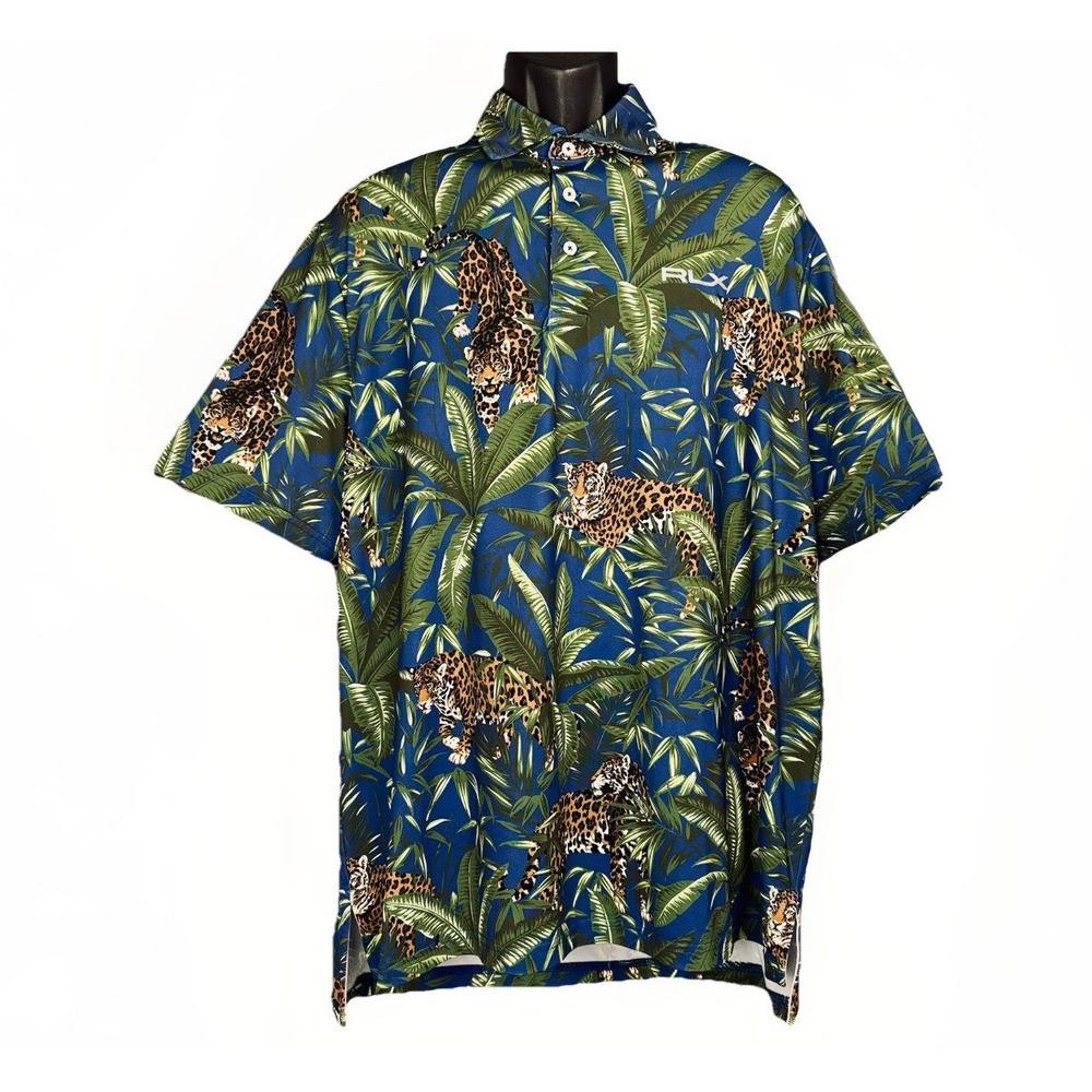 Ralph Lauren RLX Golf Polo Shirt Floral Jaguar Leopard Tiger Jungle L Blue Green